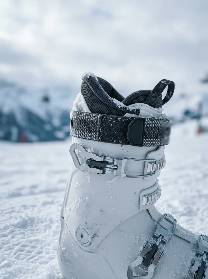 A white ski boot standing in snow, with its power strap fastened round the cuff.