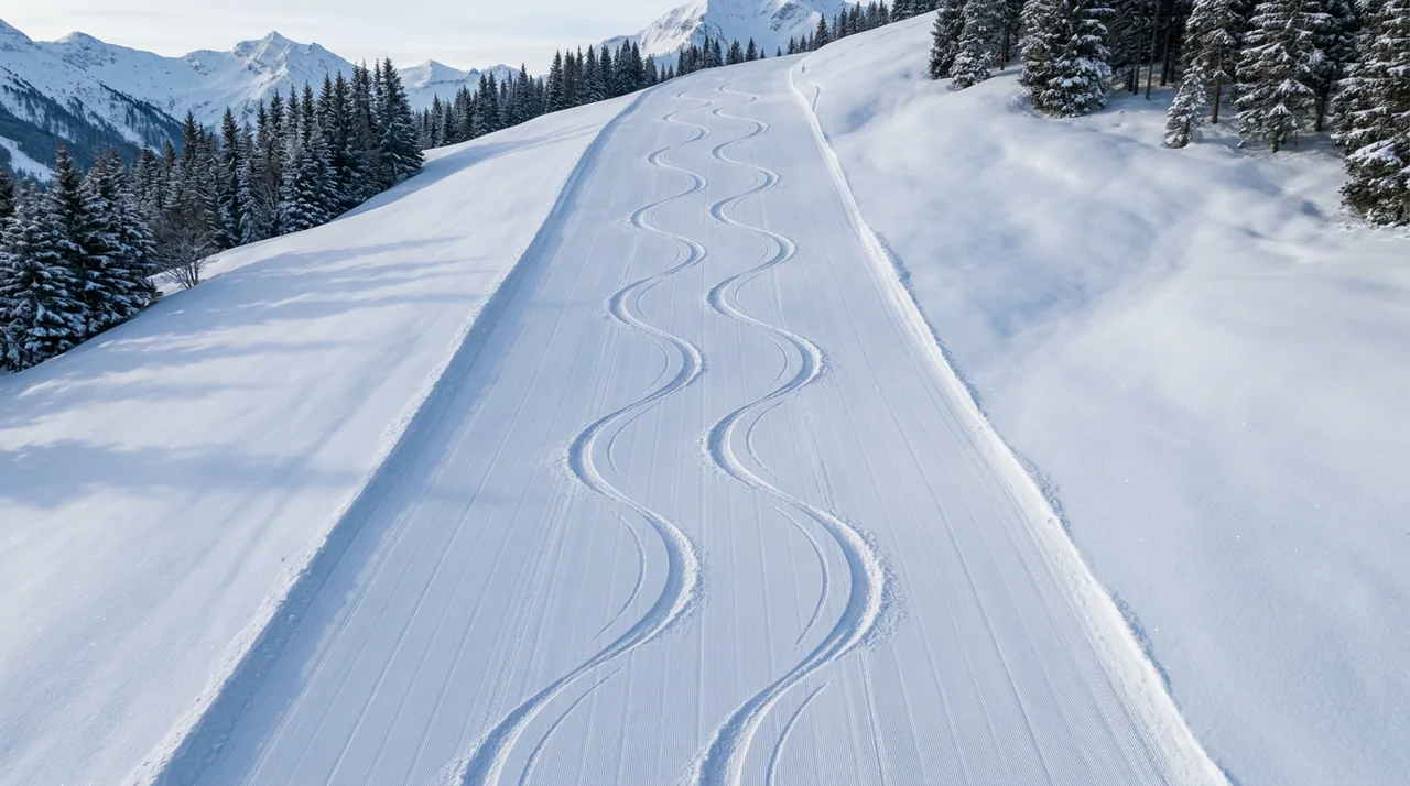 Two clean carved ski tracks curving down a freshly groomed slope.